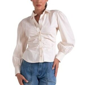 Bloomingdales Elan‎ White Button Down Long Sleeve Shirt Rouched Med Cotton NWT